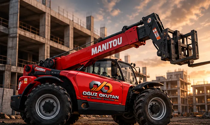 Şantiye alanında Oğuz Okutan logolu kırmızı Manitou teleskopik yükleyici